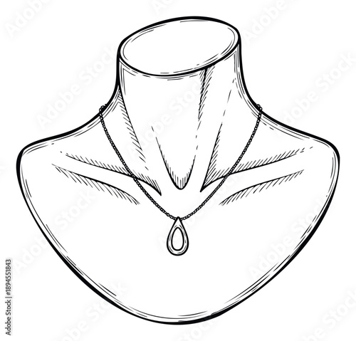 A classic handdrawn line illustration of a jewelry display bust showcasing a delicate necklace with a beautiful teardrop pendant, perfect for merchandise display visuals and elegant