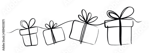 A delightful continuous line drawing showcasing an array of gift boxes with bows, perfect for festive events, holiday promotions, and cheerful celebration advertisements.
