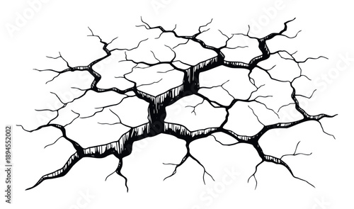 A striking graphic depiction of an intricate crack network resembling dried earth or a shattered surface creating a dramatic visual effect suitable for various digital and print projects.