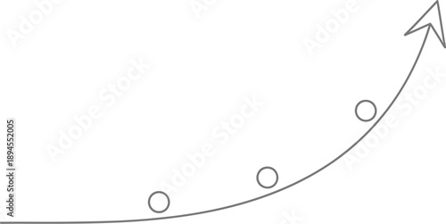 Simple line art depiction of a curved upward trajectory line featuring three distinct small circles progressing towards an arrowhead indicating growth or success.