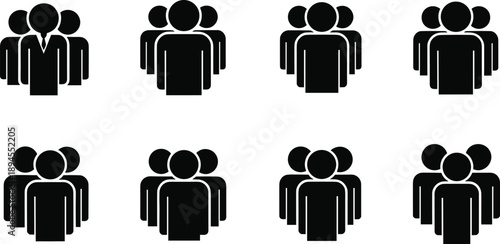 Silhouette icon set, group of people, leadership concept, teamwork symbol, organizational structure, black vector art, simplified figures, social interaction, business theme, unity design