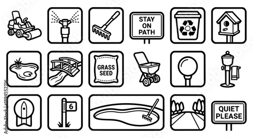 Golf instruction and etiquette line icon set with player, swing, and rules