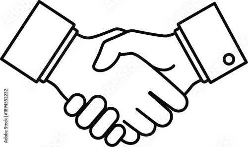 Simple black and white outline drawing of two business hands clasped together in a professional firm handshake signifying partnership agreement or deal closure