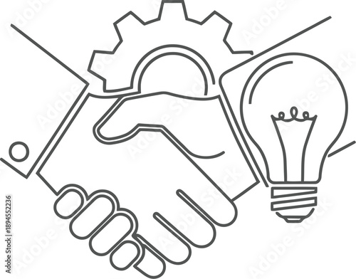 Black and white line art drawing symbolizes the collaboration between business partnership a glowing lightbulb representing new ideas and a gear indicating process or engineering.