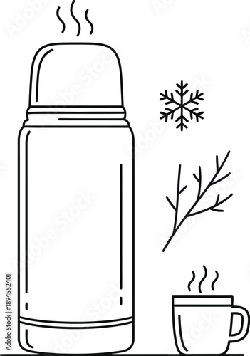 Minimalist line art illustration depicts a tall insulated thermos bottle next to a steaming cup suggesting hot beverages for cold weather adventures.