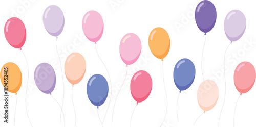Colorful floating balloons background, pastel pink purple and orange helium balloon pattern for party celebration