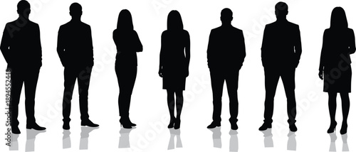 Silhouette illustration, business people standing, professional attire, corporate posture, reflection effect, teamwork concept, character design, black vector art, workplace unity, formal gesture