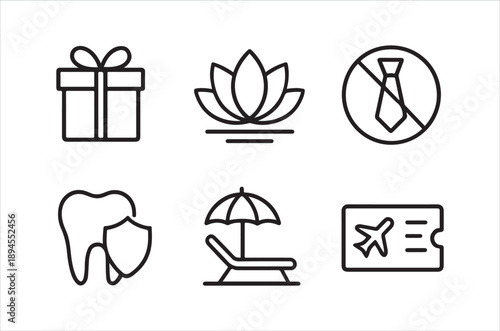 A collection of simple linear icons depicting a gift lotus prohibition tooth umbrella and flag