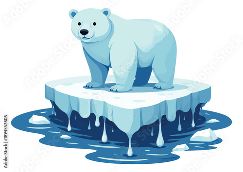 Cartoon illustration of a polar bear depicting a melting ice floe for climate change awareness