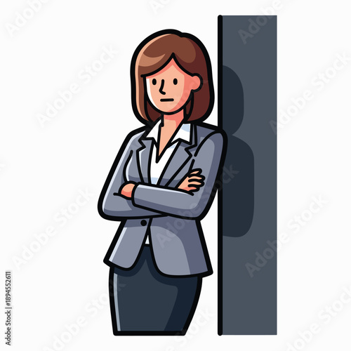 A cartoon woman in business attire leaning on a wall