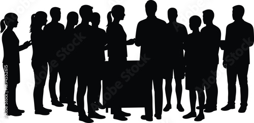 Silhouette of group standing in semi-circle formation, black and white social gathering scene, teamwork collaboration concept, community engagement illustration for creative stock use