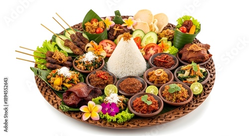 Festive Balinese Rijsttafel Traditional Food Isolated on White Background
