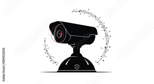 A black security camera with a red detection arc and scattered points