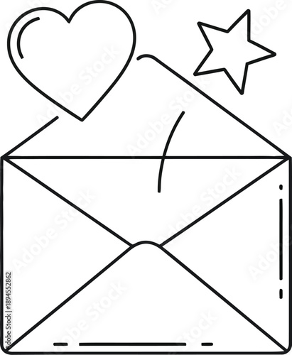Simple black and white line art icon depicting an open envelope receiving special mail featuring a floating heart symbol and a small star accent.