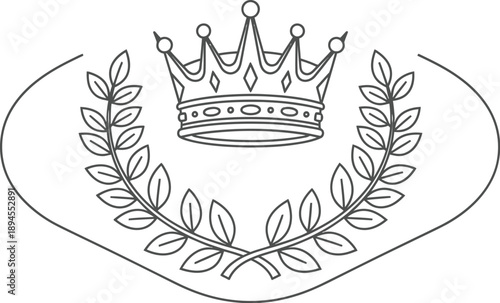 Outline vector emblem featuring a detailed royal crown centered above crossed laurel branches enclosed within an elegant decorative border design element.