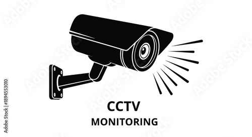 A black and white illustration of a security camera with monitoring text