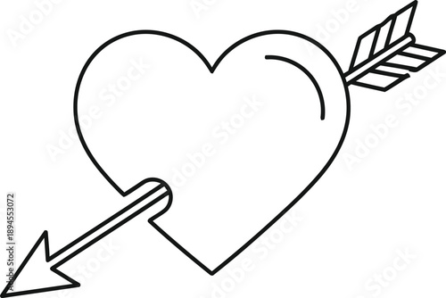 Simple black and white line art icon depicting a classic heart pierced directly through the center by a cupid's arrow symbolizing love and passion.