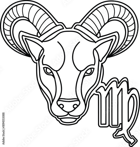 Detailed black and white outline illustration depicting the astrological symbol for aries paired with a stylized ram head for coloring pages or zodiac designs