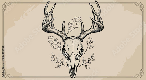 Illustration of a deer skull with antlers and leaves on a beige background with a decorative border.