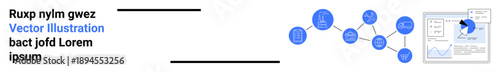 Data visualization, analytics tools, information flow, network systems, data processing, technological connections. Abstract ion of network nodes and graph interfaces. Data visualization