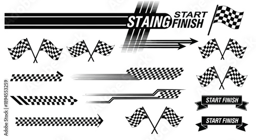 Racing flags and checkered patterns in a black and white illustration