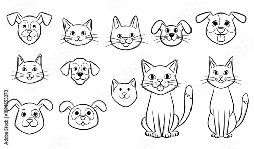 Playful dog and cat doodle outline icon collection for kids and pet design vector