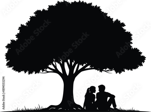 Silhouette of two people sitting under tree, black and white nature illustration, peaceful moment concept, emotional connection design, tranquil outdoor scene for stock use