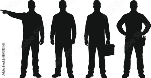 Silhouette, technician, worker, tradesperson, uniform, toolbox, tools, maintenance, repair, service, labor, industrial, job, occupation, standing, posing, pointing, belt, equipment