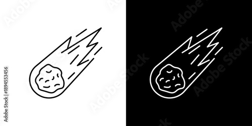 Minimalist Line Art  icon Illustration of a Flaming Meteor or Comet Streaking Across the Sky, Depicting Celestial Movement and Space Phenomenon
