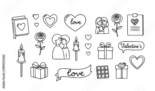Minimal outline doodle Valentine romance icon set in cute cartoon style vector