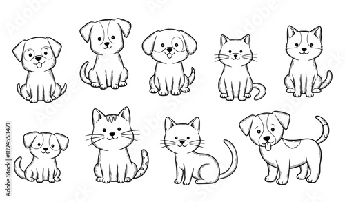 Hand-drawn dogs and cats outline icon set with sitting and standing poses vector