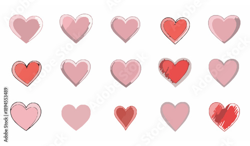 Hand-drawn sketch heart icon collection in pink and red monoline style vector