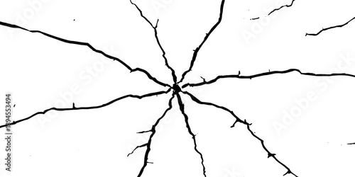 An old concrete wall features a broken texture with a hole and a crack in the ground where a black plant branch grows against the sky in a nature pattern vector design