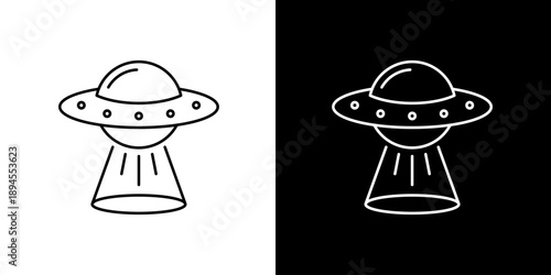 Elegant Line Art Icon of a Flying Saucer with a Downward Light Beam, Symbolizing Extraterrestrial Life, Outer Space Mystery, and Science Fiction Adventures