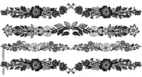Intricate floral arrangements in black and white forming decorative borders