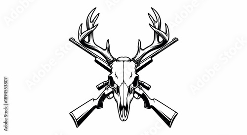 Black and white illustration of a deer skull with antlers crossed with two rifles on a plain white background.