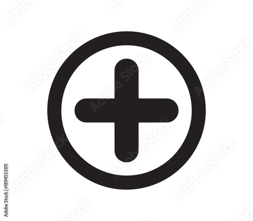 A black plus sign inside a circle on a white background