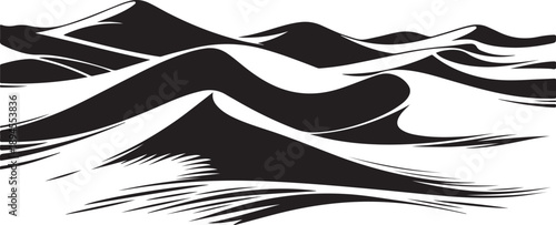 Black and White Desert Landscape with Sandy Dunes Illustration