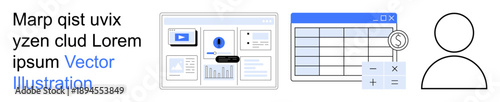 Data analytics, tech interfaces, business tools, user profiles, tech solutions, productivity. Dashboard layout, data table and user icon. Data analytics and tech interfaces concept
