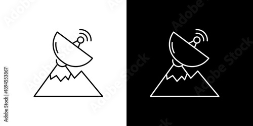 Minimalist line art icon depicting a satellite dish atop a mountain, symbolizing remote communication, advanced technology, and global data transmission for connectivity solutions