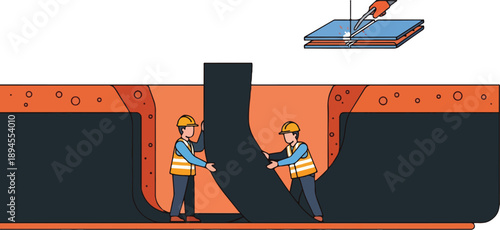 Industrial workers operating heavy machinery in a construction site viewed from above