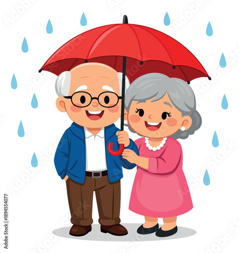 Cheerful illustration of an elderly couple depicting sharing an umbrella in the rain for protection
