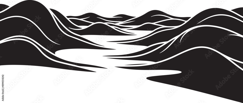 Fototapeta premium Minimalist black and white landscape with rolling hills illustration