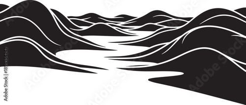 Minimalist black and white landscape with rolling hills illustration