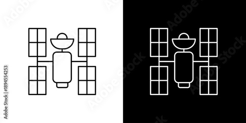 Minimalist line art vector icon depicting a modern communication satellite with solar panels, symbolizing global connectivity, advanced space technology, and data transmission services