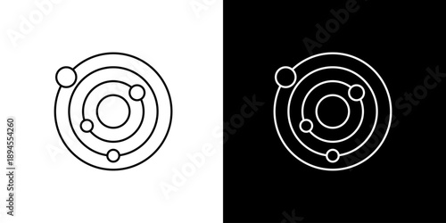 A minimalist line art icon illustration depicting a solar system model with orbiting planets on a white and black background