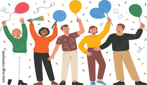 Diverse group of friends celebrating with balloons and confetti, happy people party event vector illustration