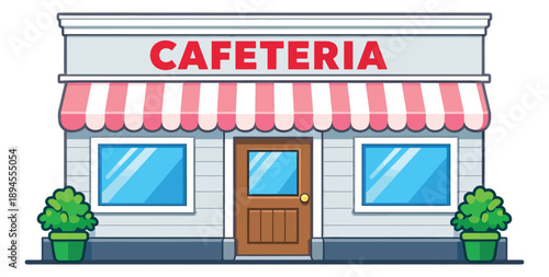 Cartoon illustration of a cafeteria building depicting its storefront for dining business