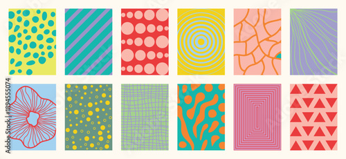 Fabric pattern collection vector set with bold stripes, polka dots, checks, plaids, vintage florals and geometric shapes. Colorful retro design for wall art, textiles, apparel and packaging.