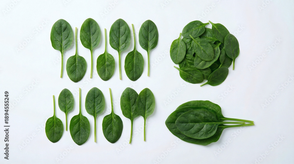Fototapeta premium Fresh Green Baby Spinach Leaves Pattern Isolated on White Background
